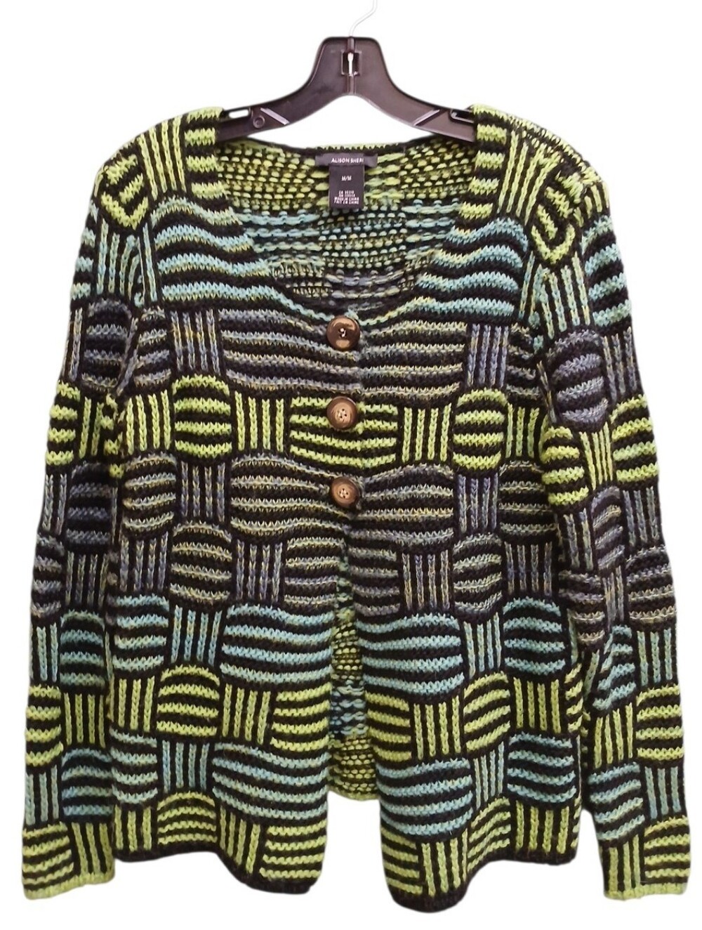 Alison Sheri Patterned Button-Front Cardigan Sweater in Green and Blue Medium